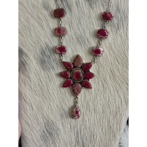 Native American SW Sterling Silver Pink Red Jasper Huge Cluster Necklace Lariat - Picture 11 of 16